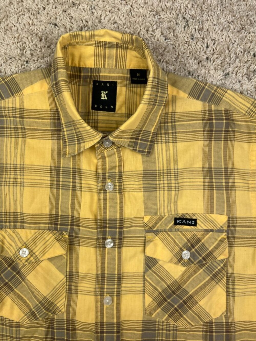 Karl Kani Gold Button Up Shirt Medium Plaid Short Sleeve Casual Men Yellow